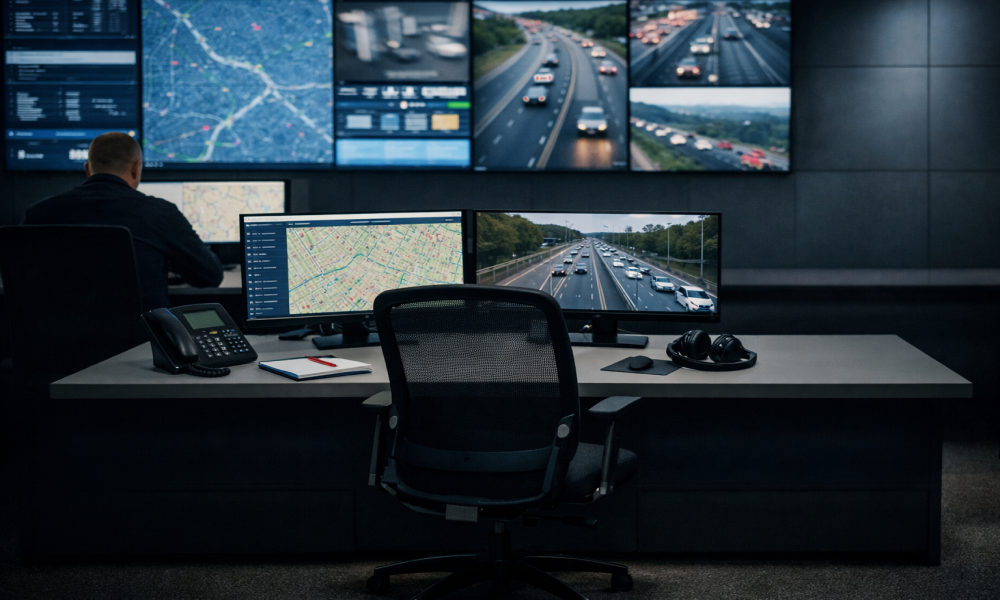 An illustration of an empty work station in a control room 